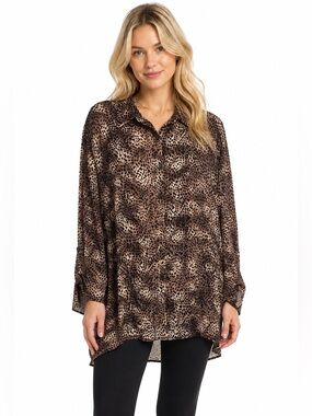Chico's Design Leopard Print Button Front Shirt Tunic Size 3 or XL Long Sleeve